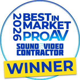 Round 2026 Best in Market Pro AV badge from Sound & Video Contractor with a yellow Winner banner